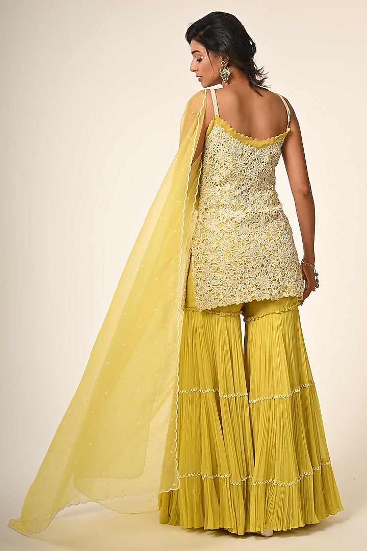 Yellow Organza & Viscose Georgette Layered Bridal Sharara Set by COUTURE BY NIHARIKA at Pernia's Pop Up Shop