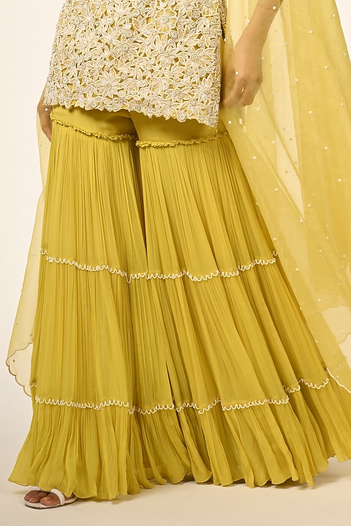 Yellow Organza & Viscose Georgette Layered Bridal Sharara Set by COUTURE BY NIHARIKA at Pernia's Pop Up Shop