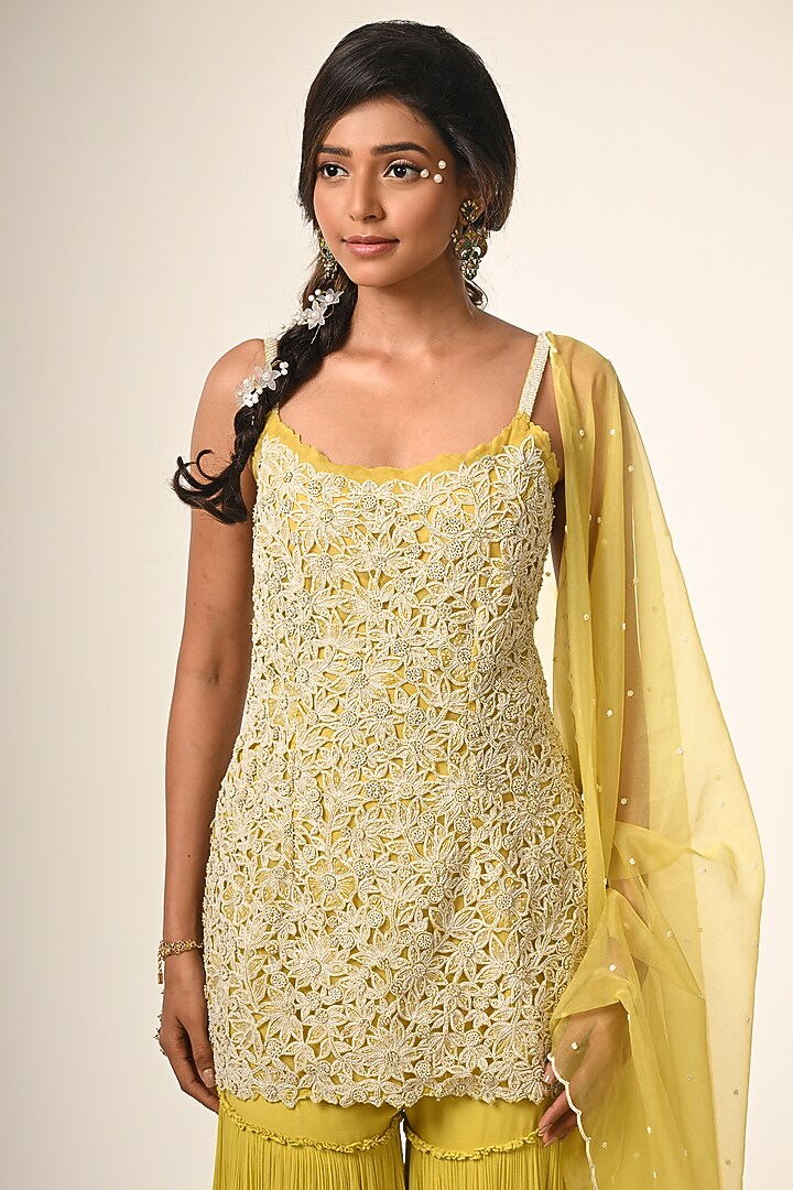 Yellow Organza & Viscose Georgette Layered Bridal Sharara Set by COUTURE BY NIHARIKA at Pernia's Pop Up Shop