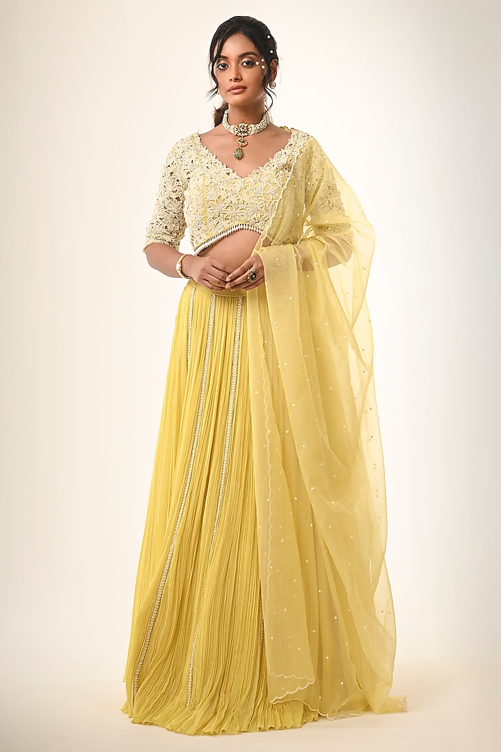 Yellow Organza & Viscose Georgette Gathered Wedding Lehenga Set by COUTURE BY NIHARIKA at Pernia's Pop Up Shop
