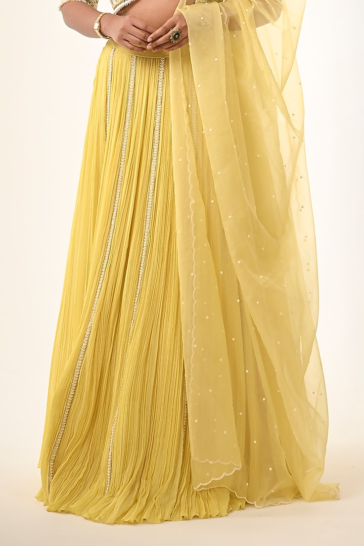 Yellow Organza & Viscose Georgette Gathered Wedding Lehenga Set by COUTURE BY NIHARIKA at Pernia's Pop Up Shop
