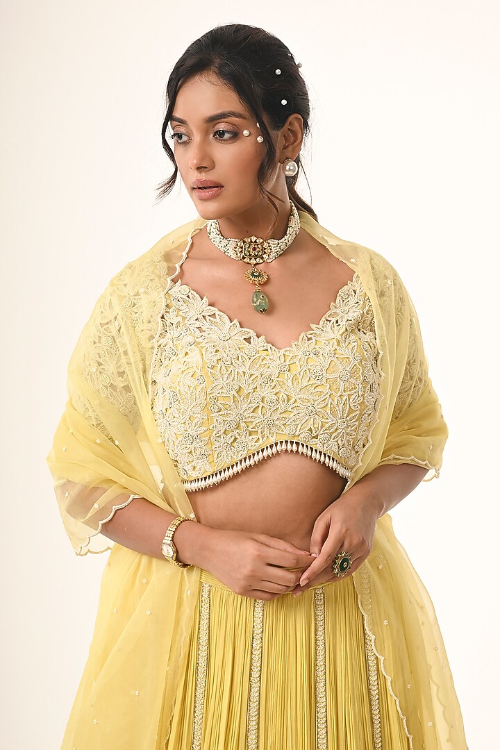 Yellow Organza & Viscose Georgette Gathered Wedding Lehenga Set by COUTURE BY NIHARIKA at Pernia's Pop Up Shop