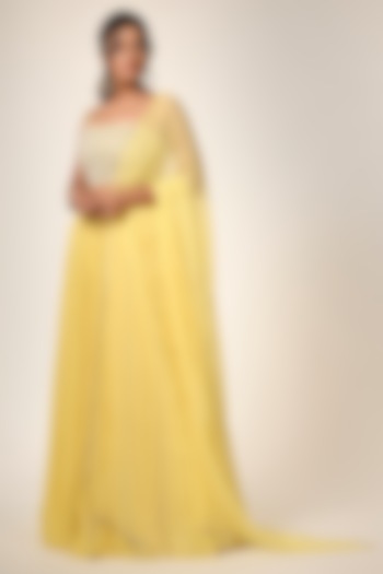 Yellow Viscose Georgette Hand Embroidered Gathered Wedding Lehenga Set by COUTURE BY NIHARIKA at Pernia's Pop Up Shop
