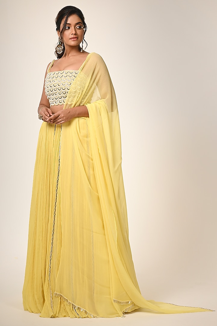 Yellow Viscose Georgette Hand Embroidered Gathered Wedding Lehenga Set by COUTURE BY NIHARIKA at Pernia's Pop Up Shop