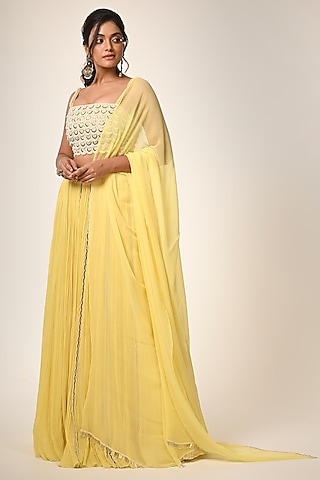 Yellow Viscose Georgette Hand Embroidered Gathered Lehenga Set by COUTURE BY NIHARIKA
