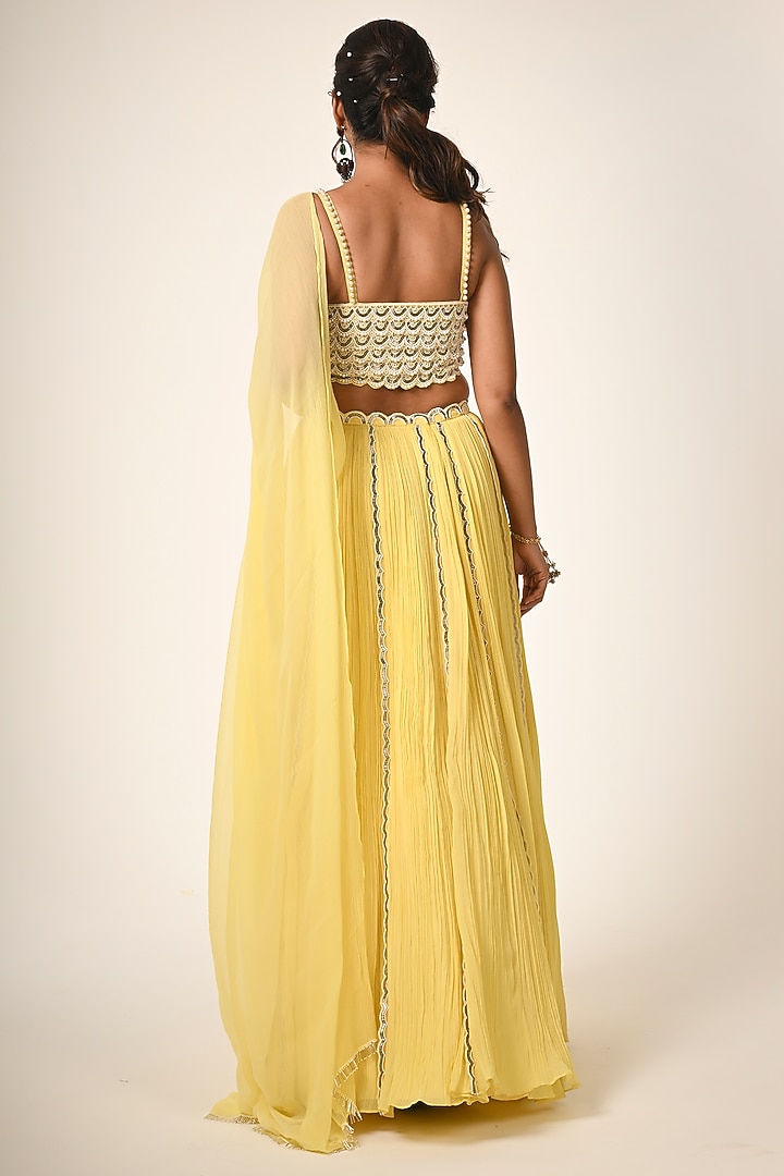 Yellow Viscose Georgette Hand Embroidered Gathered Wedding Lehenga Set by COUTURE BY NIHARIKA at Pernia's Pop Up Shop