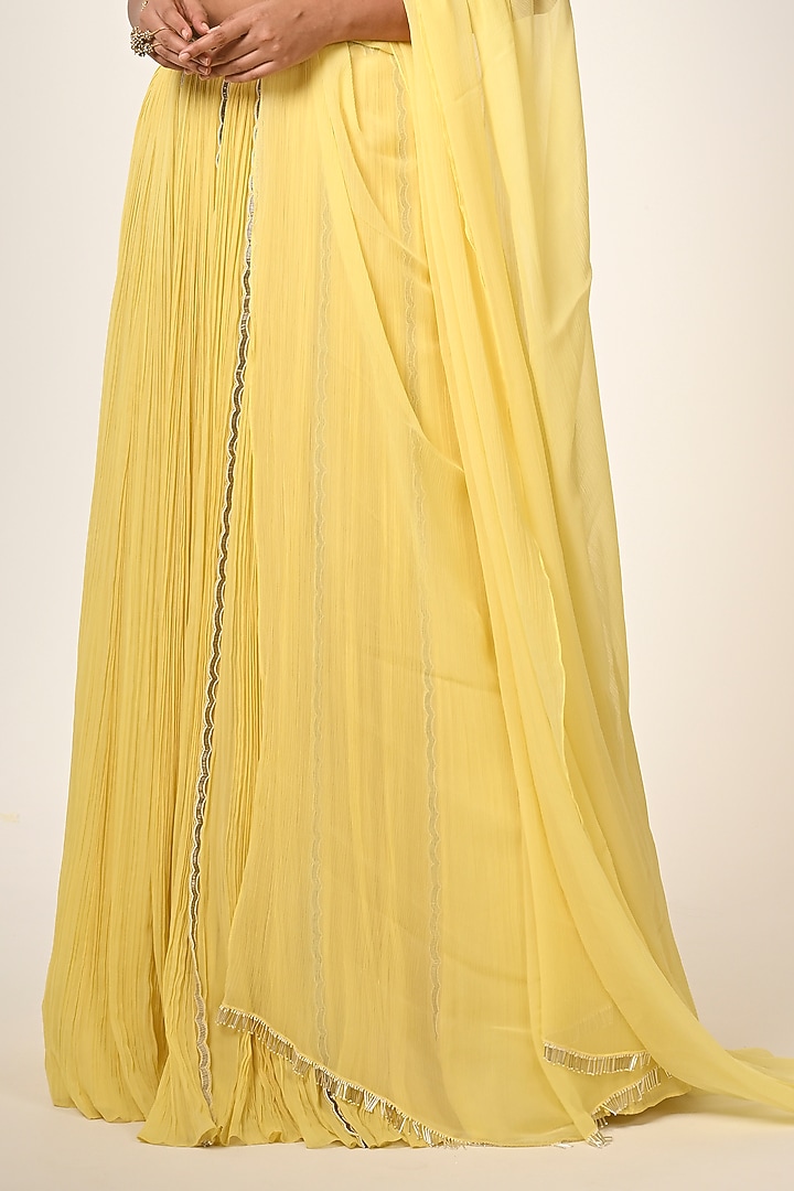 Yellow Viscose Georgette Hand Embroidered Gathered Wedding Lehenga Set by COUTURE BY NIHARIKA at Pernia's Pop Up Shop