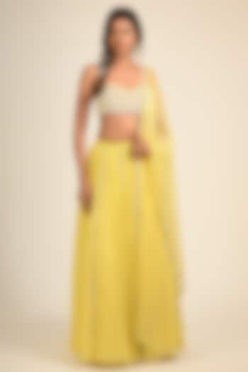 Yellow Viscose Georgette Hand Embroidered Gathered Wedding Lehenga Set by COUTURE BY NIHARIKA at Pernia's Pop Up Shop