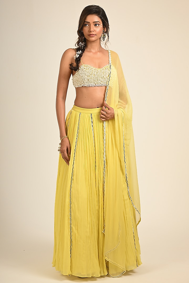 Yellow Viscose Georgette Hand Embroidered Gathered Wedding Lehenga Set by COUTURE BY NIHARIKA at Pernia's Pop Up Shop