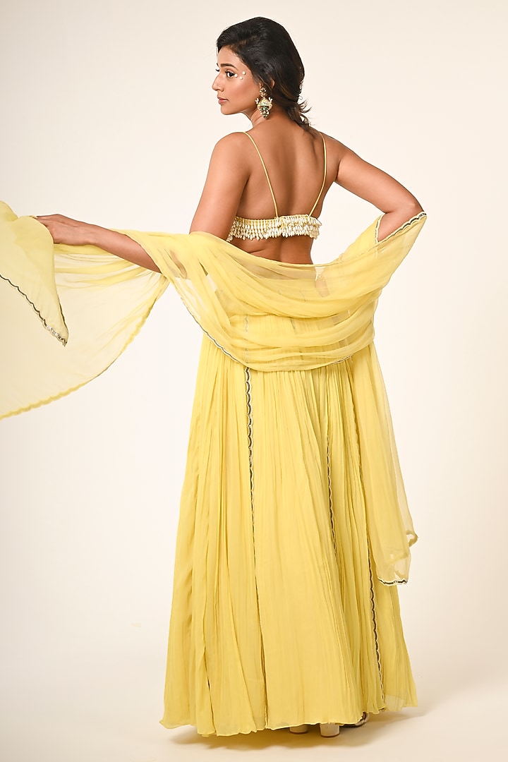 Yellow Viscose Georgette Hand Embroidered Gathered Wedding Lehenga Set by COUTURE BY NIHARIKA at Pernia's Pop Up Shop