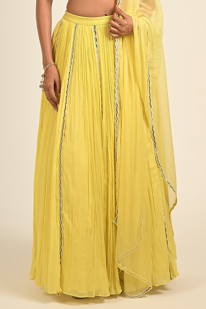 Yellow Viscose Georgette Hand Embroidered Gathered Wedding Lehenga Set by COUTURE BY NIHARIKA at Pernia's Pop Up Shop
