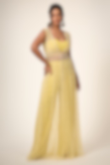Yellow Net & Viscose Georgette Pearl Embroidered Cape Set by COUTURE BY NIHARIKA at Pernia's Pop Up Shop