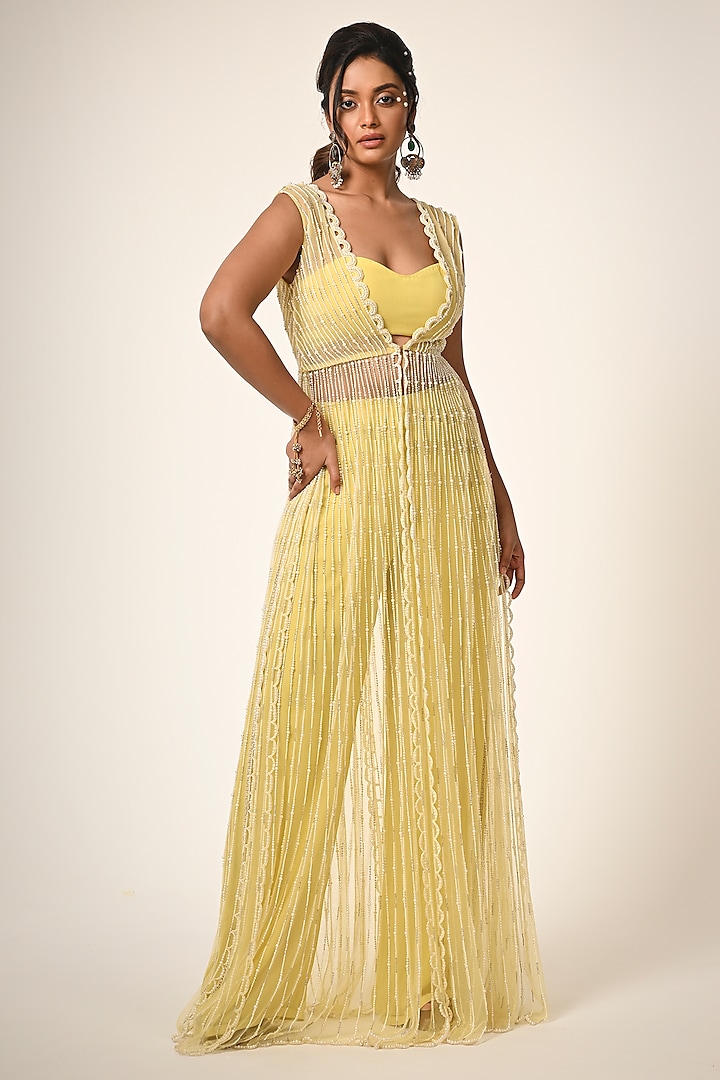 Yellow Net & Viscose Georgette Pearl Embroidered Cape Set by COUTURE BY NIHARIKA at Pernia's Pop Up Shop