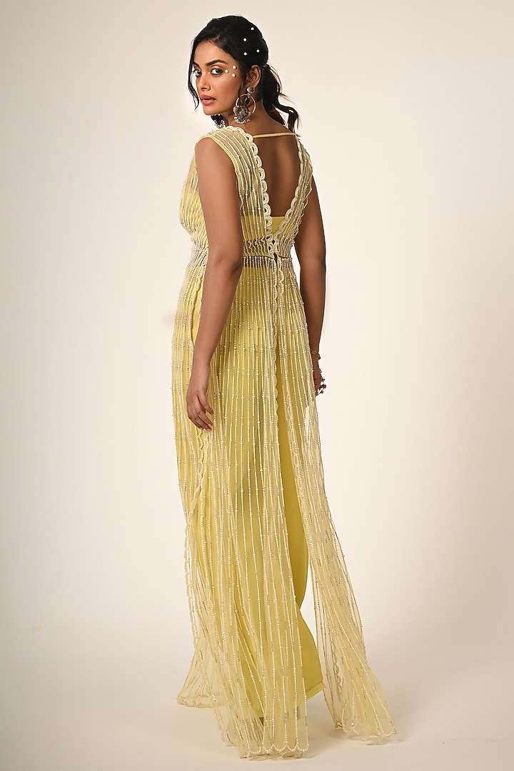 Yellow Net & Viscose Georgette Pearl Embroidered Cape Set by COUTURE BY NIHARIKA at Pernia's Pop Up Shop