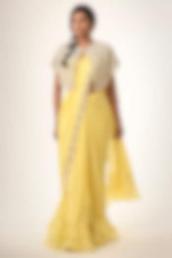 Yellow Satin Georgette Embroidered Jacket Draped Reception Saree Set by COUTURE BY NIHARIKA at Pernia's Pop Up Shop