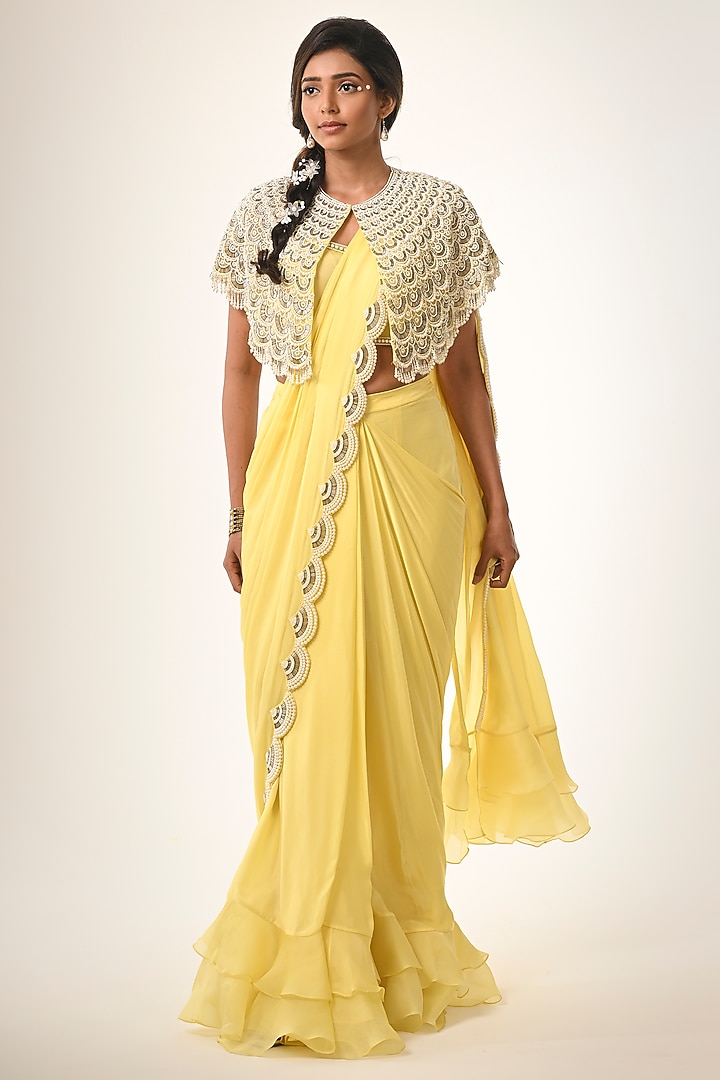 Yellow Satin Georgette Embroidered Jacket Draped Reception Saree Set by COUTURE BY NIHARIKA at Pernia's Pop Up Shop