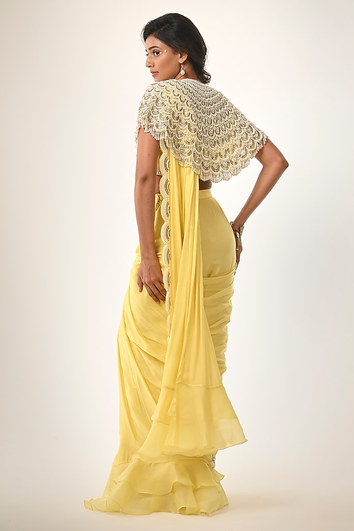 Yellow Satin Georgette Embroidered Jacket Draped Reception Saree Set by COUTURE BY NIHARIKA at Pernia's Pop Up Shop
