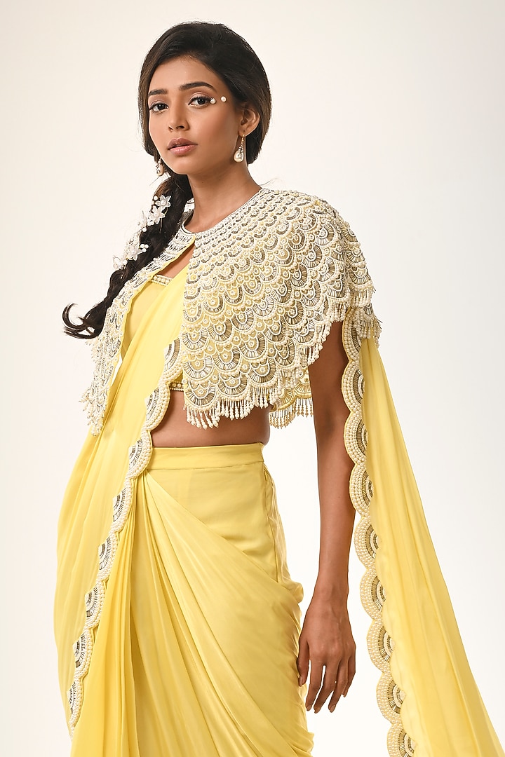 Yellow Satin Georgette Embroidered Jacket Draped Reception Saree Set by COUTURE BY NIHARIKA at Pernia's Pop Up Shop