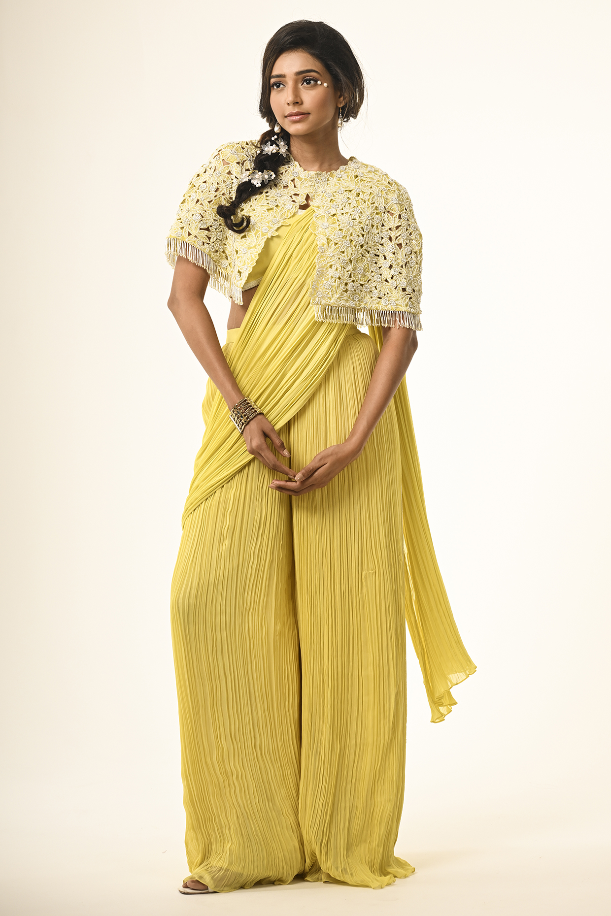 Yellow Viscose Georgette Cutwork Jacket Draped Wedding Saree Set by COUTURE BY NIHARIKA at Pernia's Pop Up Shop