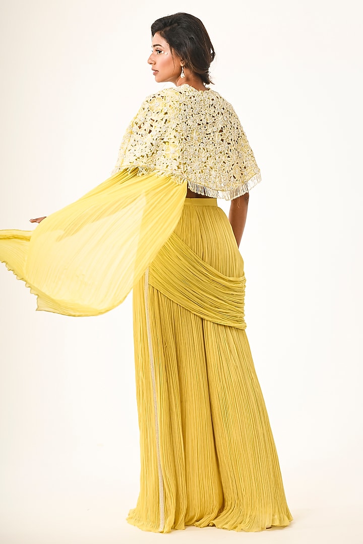 Yellow Viscose Georgette Cutwork Jacket Draped Wedding Saree Set by COUTURE BY NIHARIKA at Pernia's Pop Up Shop