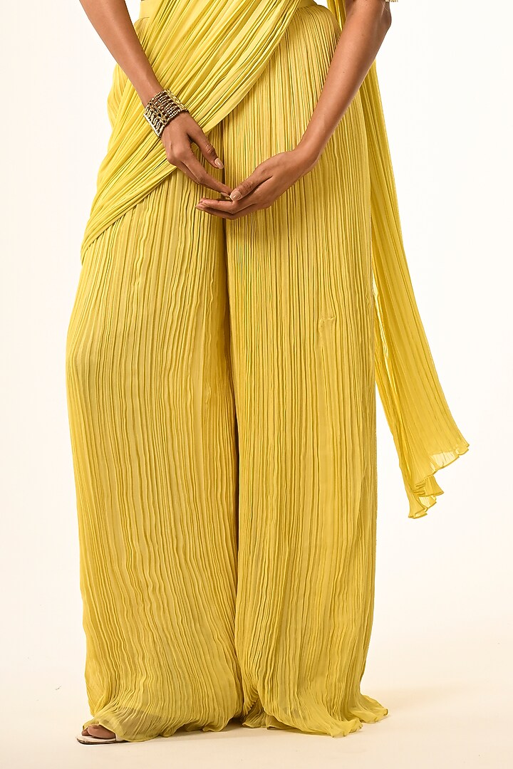 Yellow Viscose Georgette Cutwork Jacket Draped Wedding Saree Set by COUTURE BY NIHARIKA at Pernia's Pop Up Shop