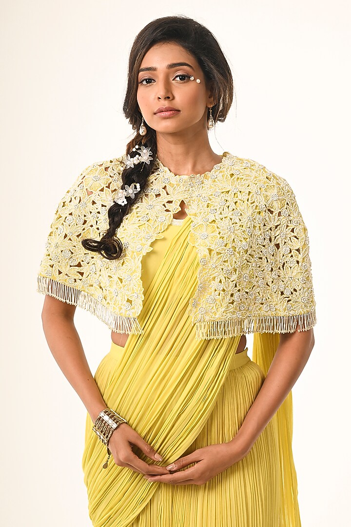 Yellow Viscose Georgette Cutwork Jacket Draped Wedding Saree Set by COUTURE BY NIHARIKA at Pernia's Pop Up Shop