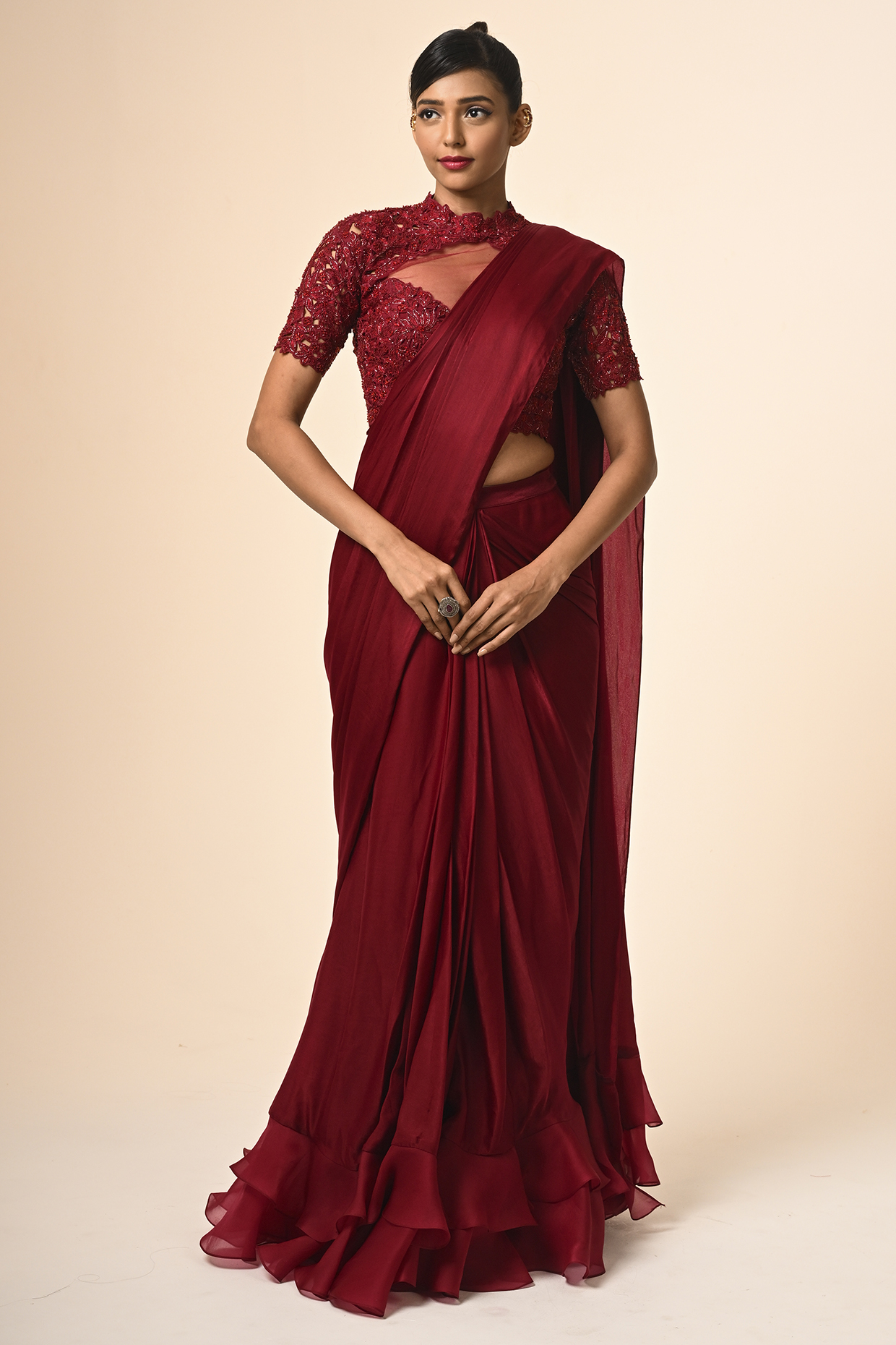 Red Organza & Satin Georgette Layered Ruffled Wedding Saree Set by COUTURE BY NIHARIKA at Pernia's Pop Up Shop