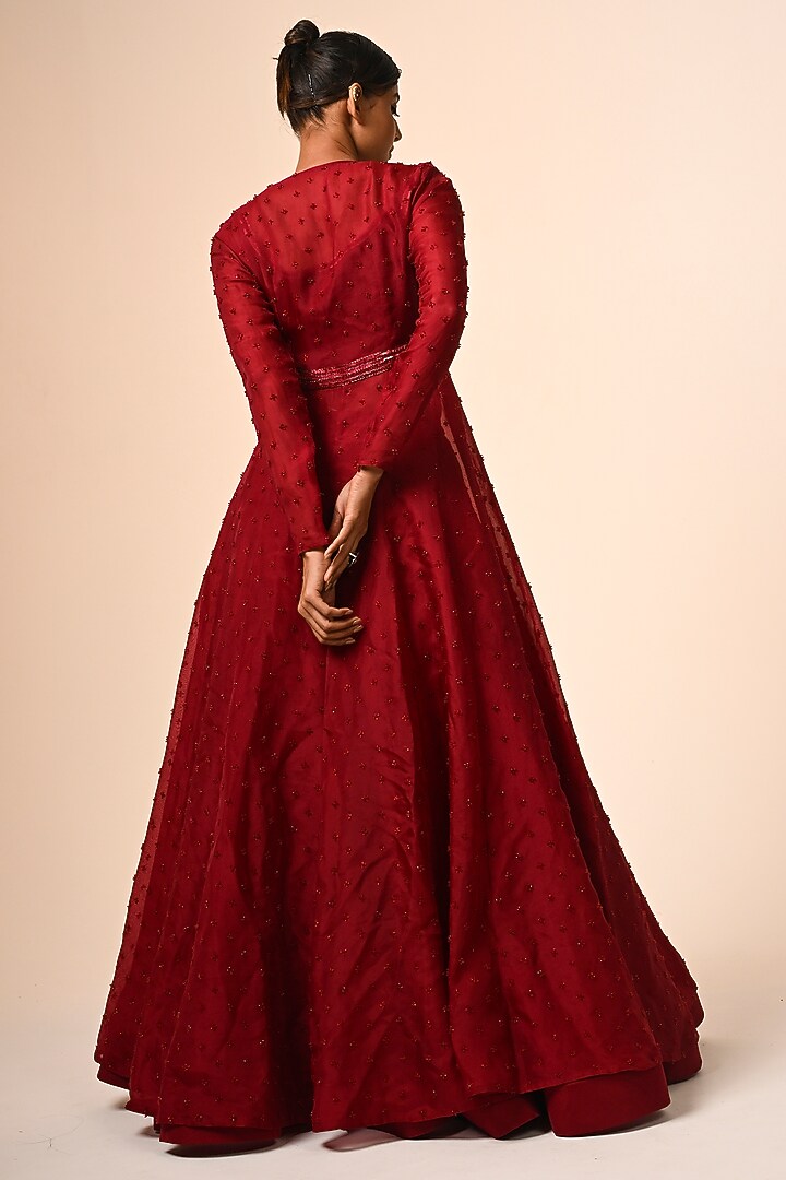 Red Organza Floral Cutwork Paneled Jacket Set by COUTURE BY NIHARIKA at Pernia's Pop Up Shop