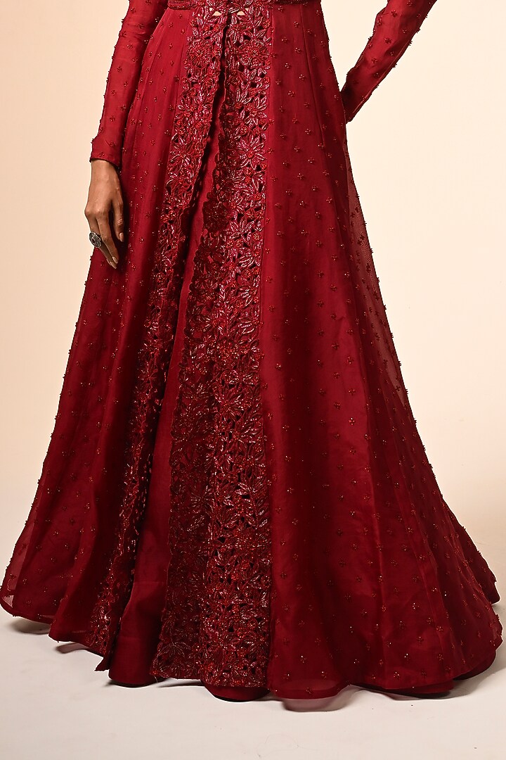 Red Organza Floral Cutwork Paneled Jacket Set by COUTURE BY NIHARIKA at Pernia's Pop Up Shop