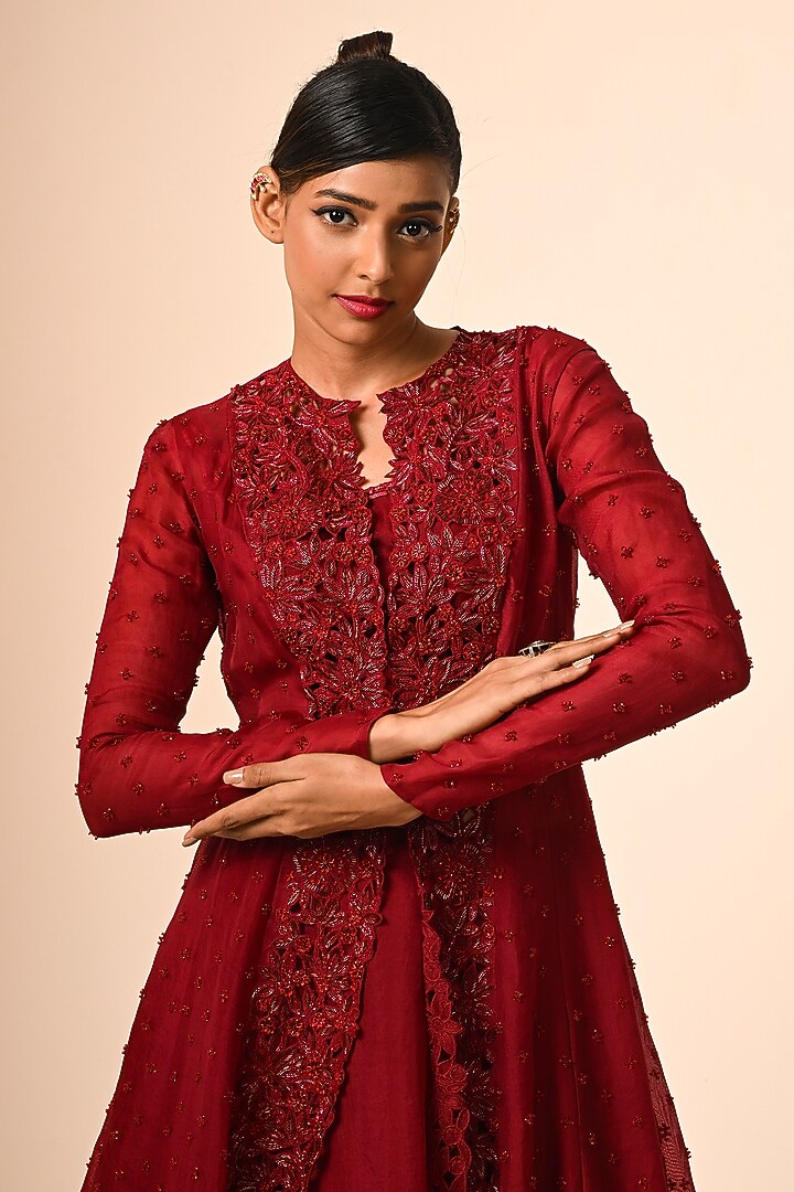 Red Organza Floral Cutwork Paneled Jacket Set by COUTURE BY NIHARIKA at Pernia's Pop Up Shop