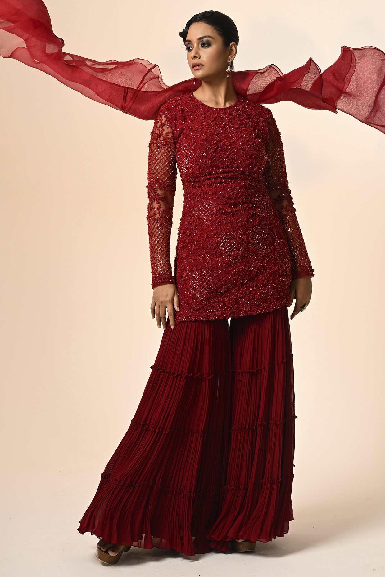 Red Viscose Georgette & Net Layered Bridal Sharara Set by COUTURE BY NIHARIKA at Pernia's Pop Up Shop