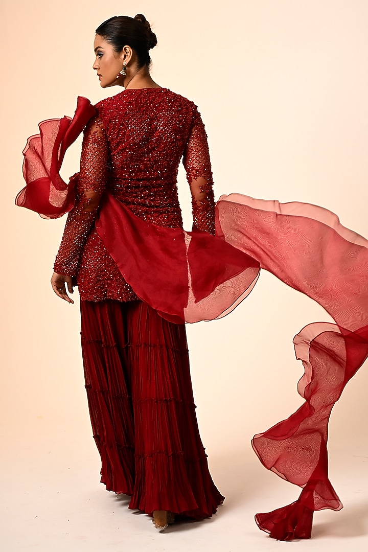 Red Viscose Georgette & Net Layered Bridal Sharara Set by COUTURE BY NIHARIKA at Pernia's Pop Up Shop