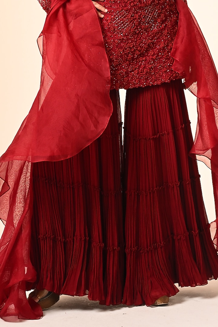 Red Viscose Georgette & Net Layered Bridal Sharara Set by COUTURE BY NIHARIKA at Pernia's Pop Up Shop