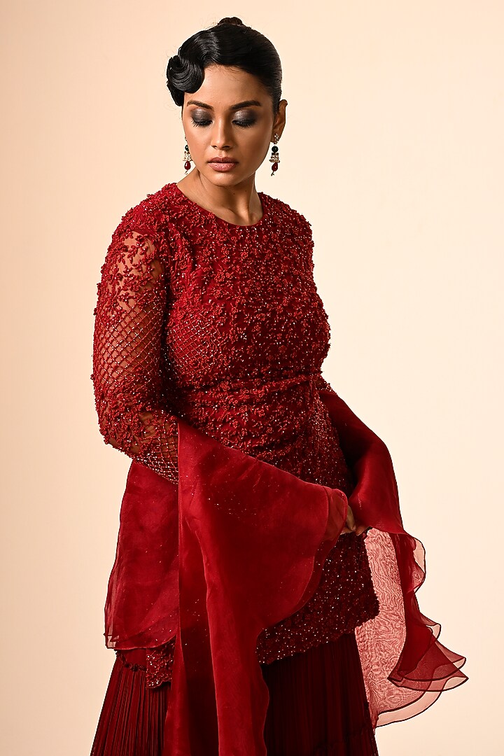 Red Viscose Georgette & Net Layered Bridal Sharara Set by COUTURE BY NIHARIKA at Pernia's Pop Up Shop