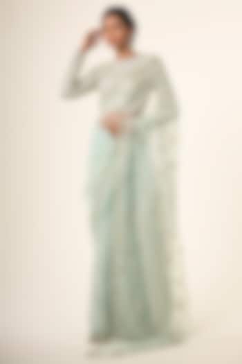 Powder Blue Organza Floral Chitta Work Reception Saree Set by COUTURE BY NIHARIKA at Pernia's Pop Up Shop