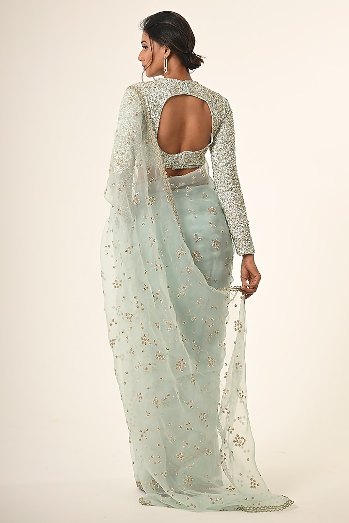 Powder Blue Organza Floral Chitta Work Reception Saree Set by COUTURE BY NIHARIKA at Pernia's Pop Up Shop