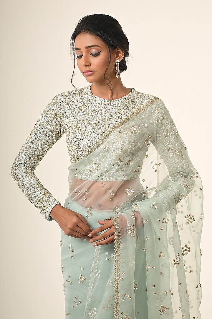 Powder Blue Organza Floral Chitta Work Reception Saree Set by COUTURE BY NIHARIKA at Pernia's Pop Up Shop