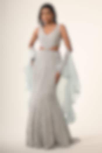 Powder Blue Organza Sequins Embroidered Fish-Cut Wedding Gown With Dupatta by COUTURE BY NIHARIKA at Pernia's Pop Up Shop