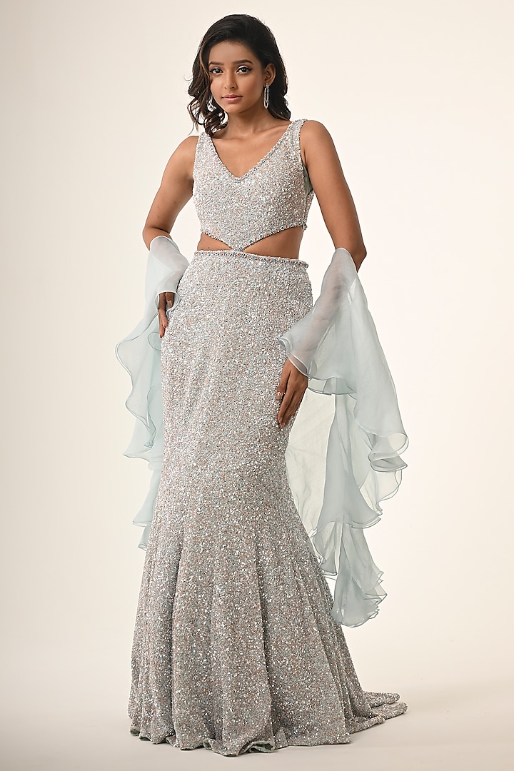 Powder Blue Organza Sequins Embroidered Fish-Cut Wedding Gown With Dupatta by COUTURE BY NIHARIKA at Pernia's Pop Up Shop