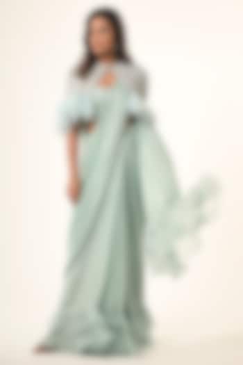 Powder Blue Viscose Georgette Sequins Embroidered Jacket Draped Reception Saree Set by COUTURE BY NIHARIKA at Pernia's Pop Up Shop