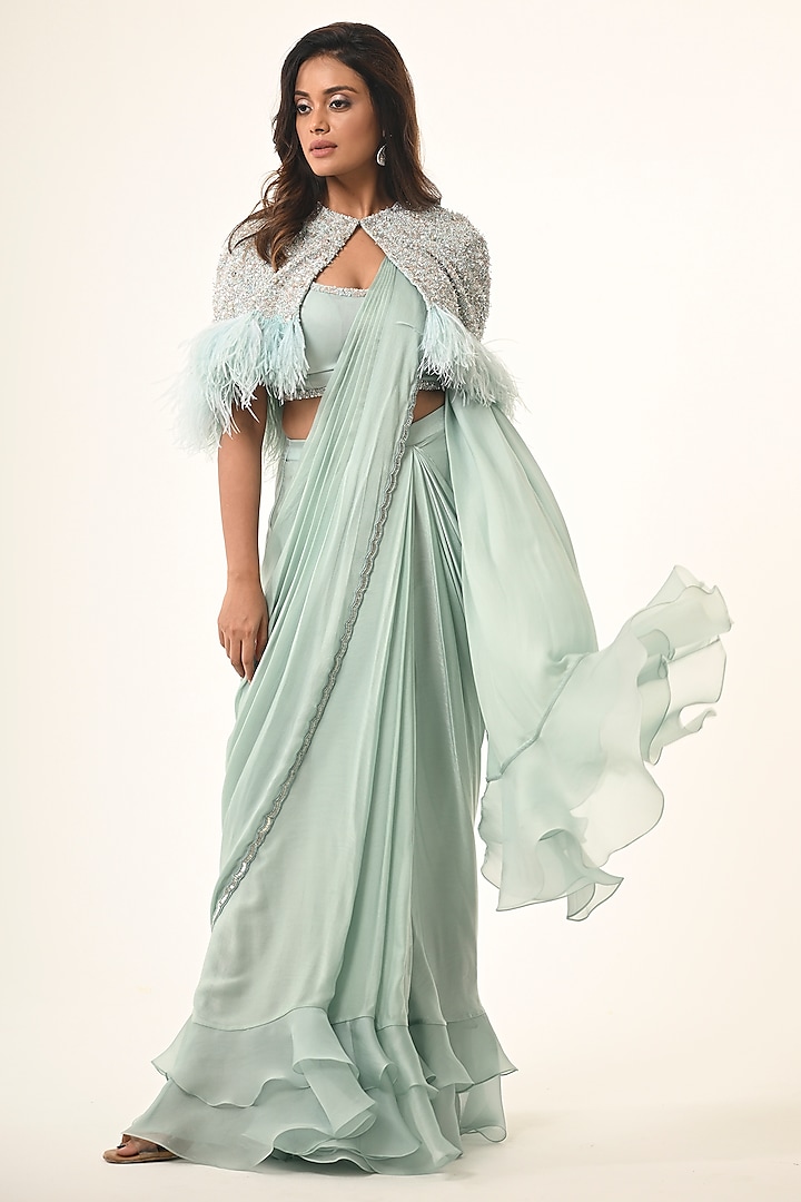 Powder Blue Viscose Georgette Sequins Embroidered Jacket Draped Reception Saree Set by COUTURE BY NIHARIKA at Pernia's Pop Up Shop