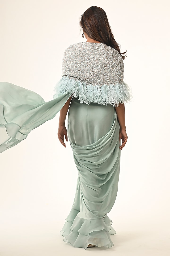 Powder Blue Viscose Georgette Sequins Embroidered Jacket Draped Reception Saree Set by COUTURE BY NIHARIKA at Pernia's Pop Up Shop
