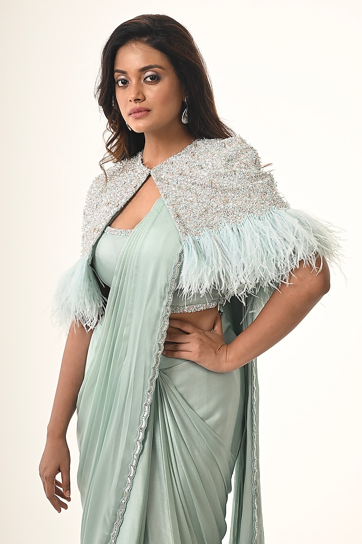 Powder Blue Viscose Georgette Sequins Embroidered Jacket Draped Reception Saree Set by COUTURE BY NIHARIKA at Pernia's Pop Up Shop