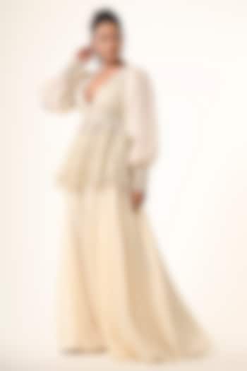 Ivory Organza Scalloped Embroidered Flared Pant Set by COUTURE BY NIHARIKA at Pernia's Pop Up Shop