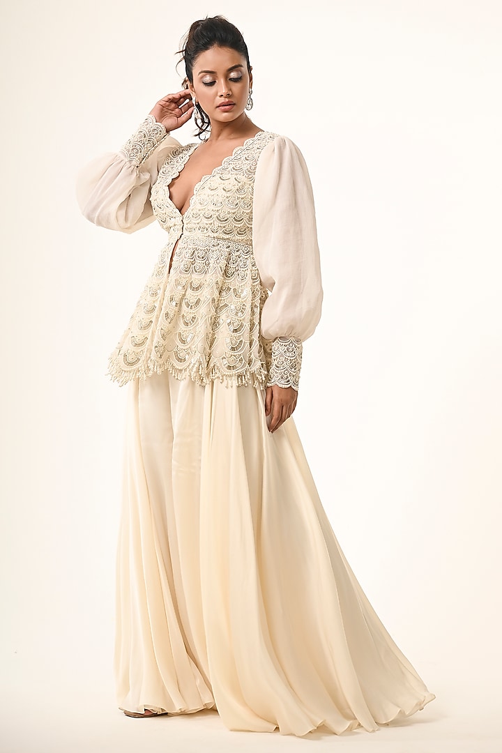 Ivory Organza Scalloped Embroidered Flared Pant Set by COUTURE BY NIHARIKA at Pernia's Pop Up Shop