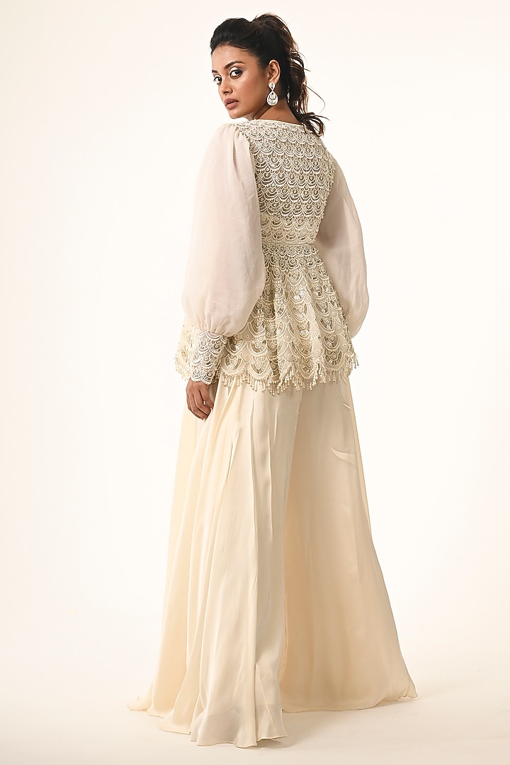Ivory Organza Scalloped Embroidered Flared Pant Set by COUTURE BY NIHARIKA at Pernia's Pop Up Shop