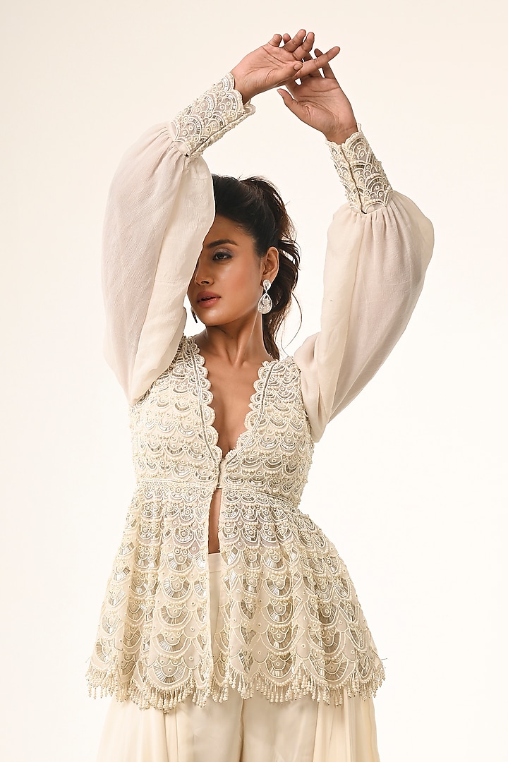 Ivory Organza Scalloped Embroidered Flared Pant Set by COUTURE BY NIHARIKA at Pernia's Pop Up Shop