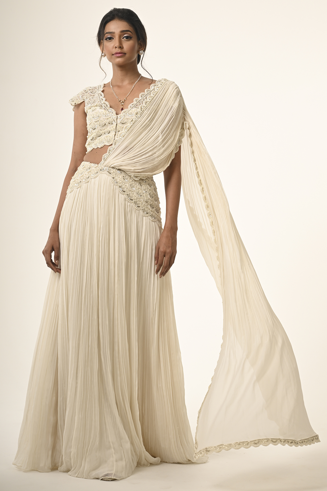 Ivory Net Organza Gathered Skirt Wedding Saree Set by COUTURE BY NIHARIKA at Pernia's Pop Up Shop