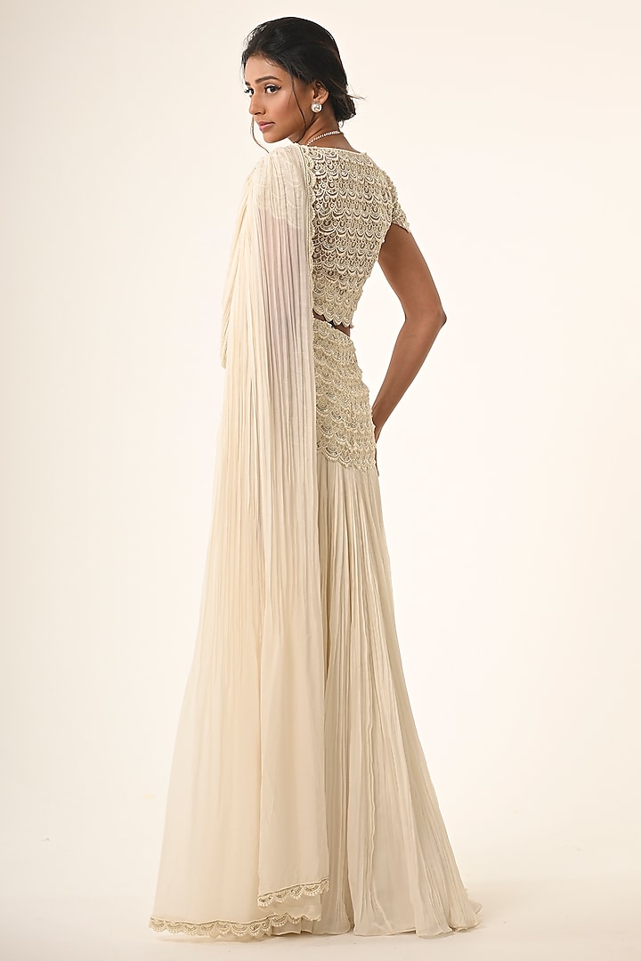 Ivory Net Organza Gathered Skirt Wedding Saree Set by COUTURE BY NIHARIKA at Pernia's Pop Up Shop