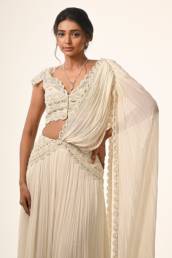 Ivory Net Organza Gathered Skirt Wedding Saree Set by COUTURE BY NIHARIKA at Pernia's Pop Up Shop